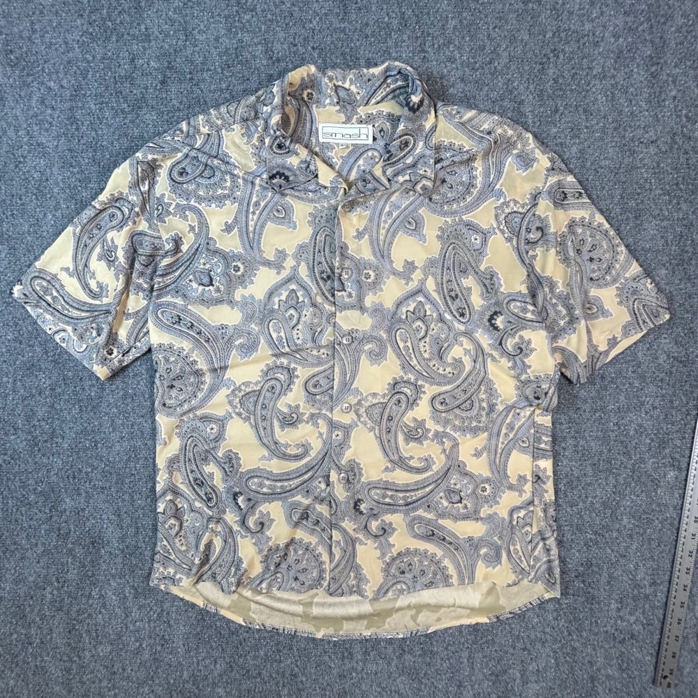 Vintage Smash Paisley Button Down Shirt Mens Large Blue Tan Short Sleeve 7015